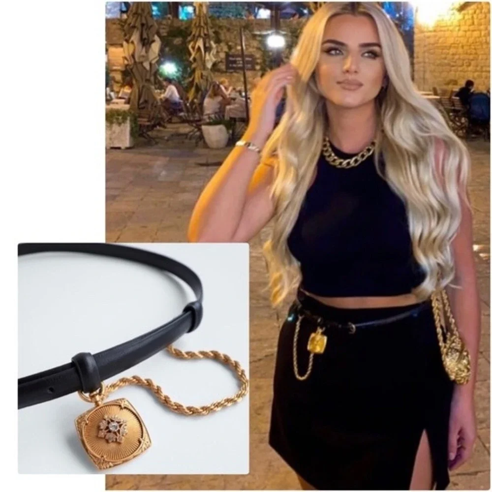 Zara Black Skinny Belt Gold Rope Chain Square Locket Pendant Rhinestone 85 NWT